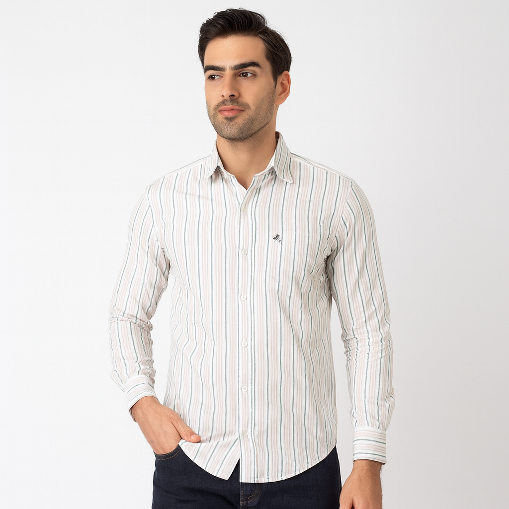 HK Green and White Lining Shirt Oxford Fabric 100% Pure Cotton
