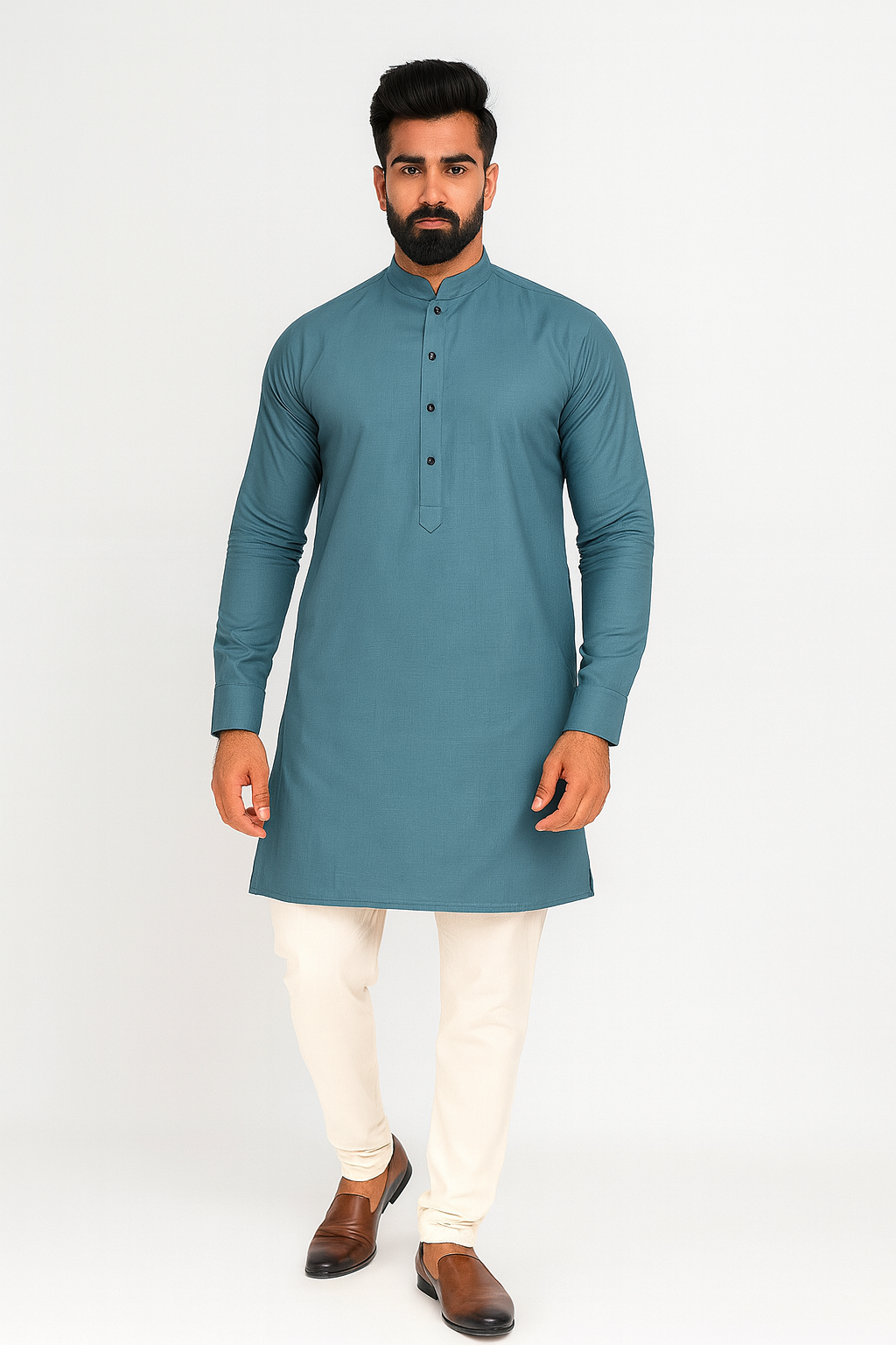 Sk Teal Blue Kurta Pajama 50% Linen 50% Cotton Fabric