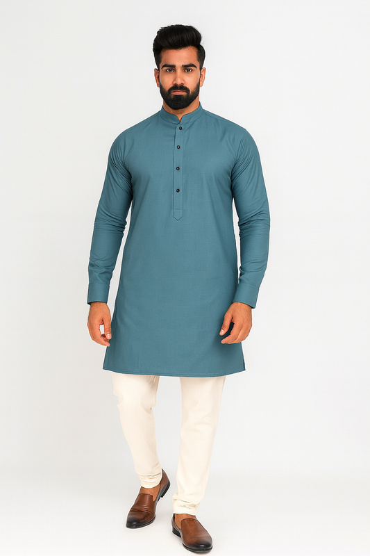 Sk Teal Blue Kurta Pajama 50% Linen 50% Cotton Fabric