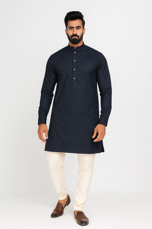 Sk Navy Blue Kurta Pajama 50% Linen 50% Cotton Fabric